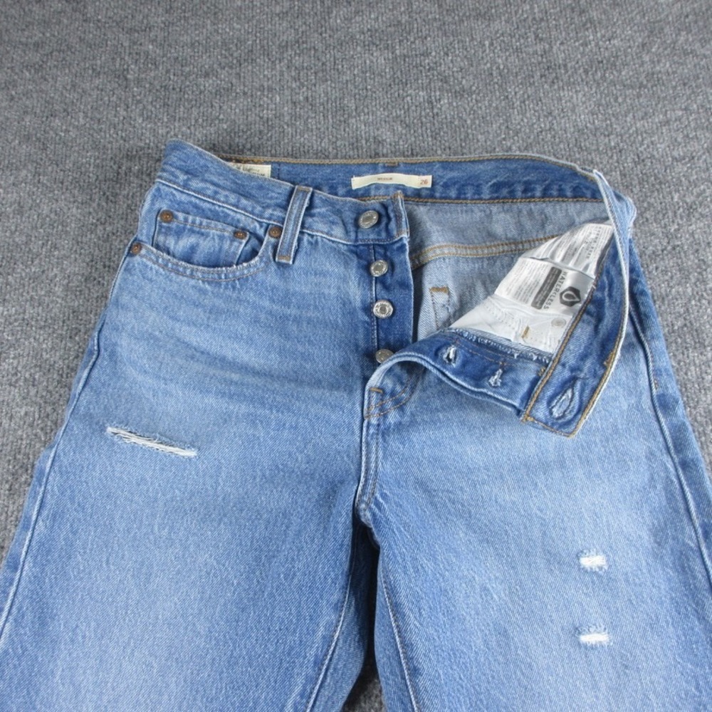 Levis Premium Wedgie Jeans Womens 26 Blue Button Fly Distressed Denim Big E